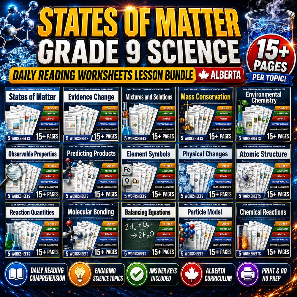 States of Matter Grade 9 Science Daily Reading Worksheets lesson bundle |Alberta — bundle cover