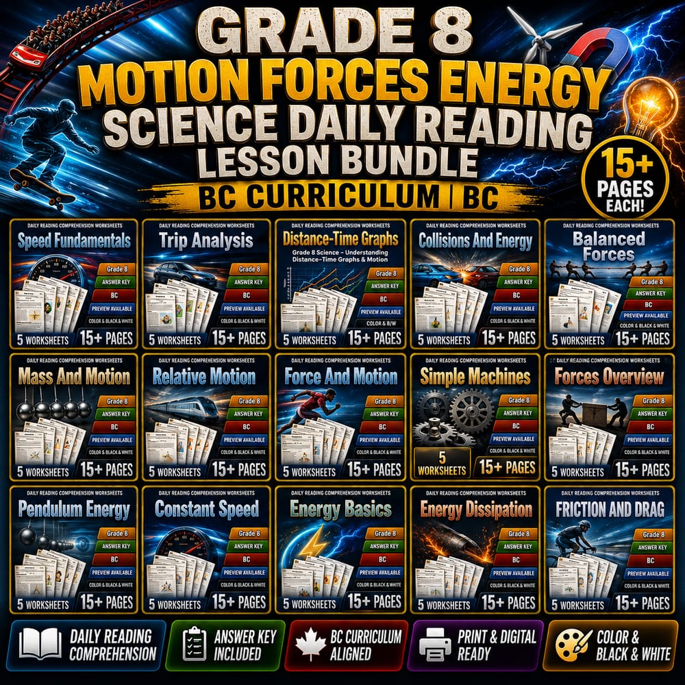 Grade 8 Motion Forces Energy Science Daily Reading Lesson Bundle | BC — bundle cover