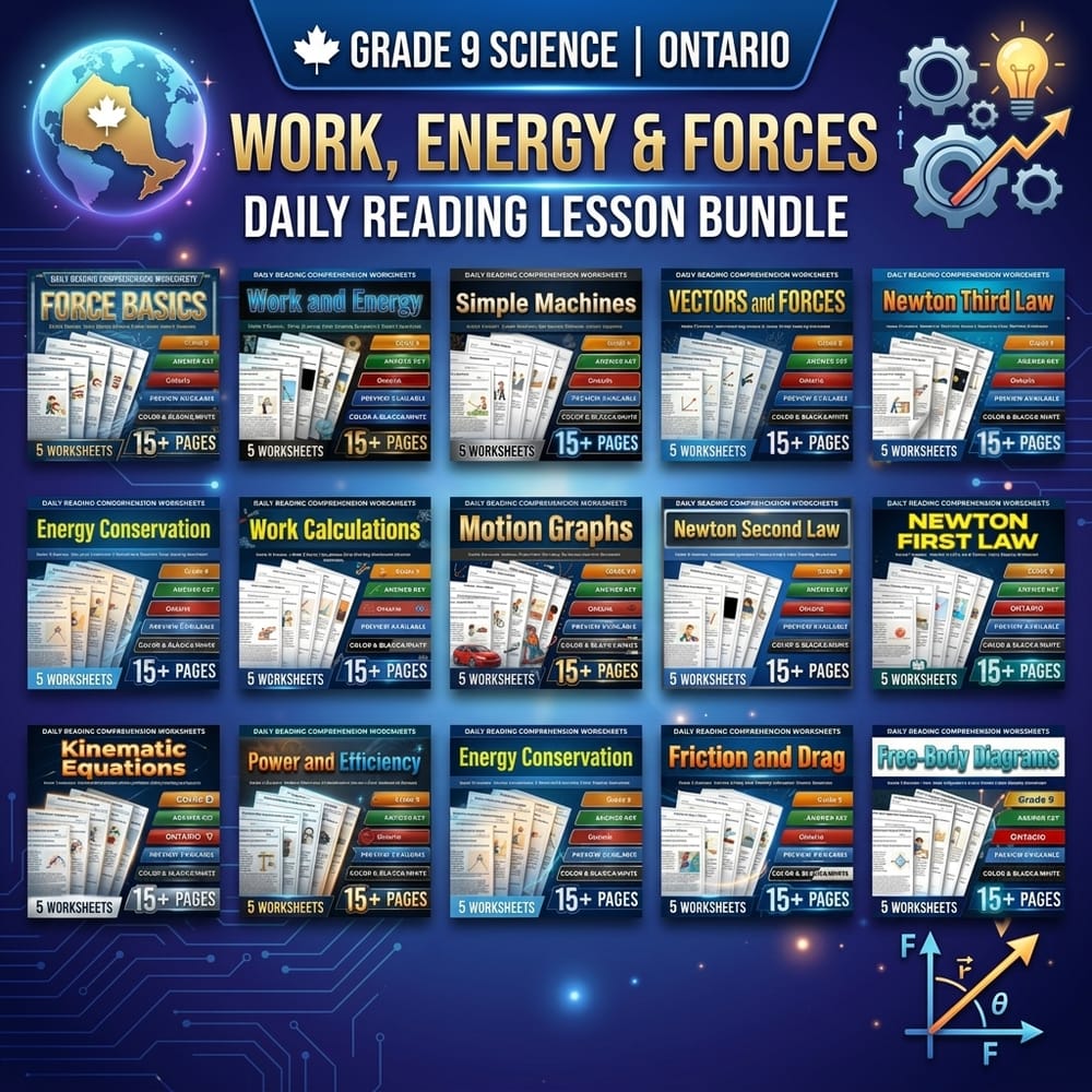 Grade 9 Work, Energy & Forces Science Daily Reading Lesson Bundle | Ontario — bundle cover