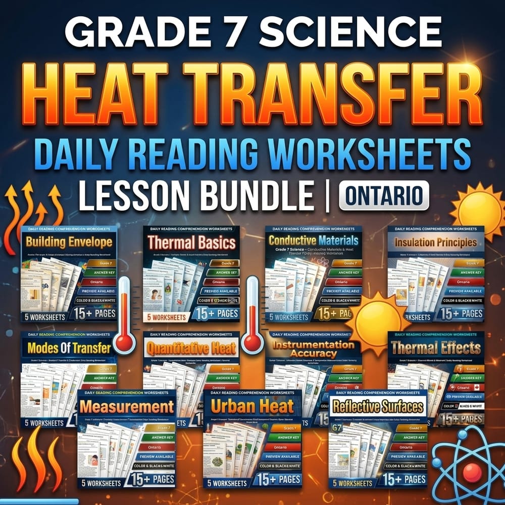Heat Transfer Grade 7 Science Daily Reading Worksheets Lesson Bundle | Ontario — bundle cover
