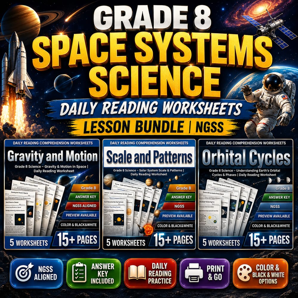 Grade 8 Space Systems Science Daily Reading Worksheets Lesson Bundle | NGSS — bundle cover