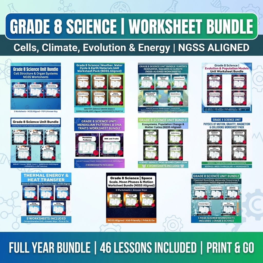 Grade 8 Science Worksheet Bundle | Cells, Climate, Evolution & Energy NGSS — bundle cover