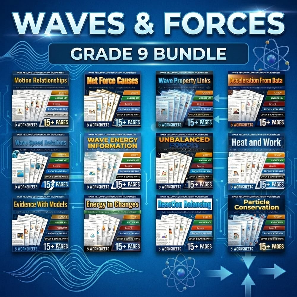 Waves & Forces Grade 9 Science Daily Reading Worksheets Lesson Bundle | General — bundle cover