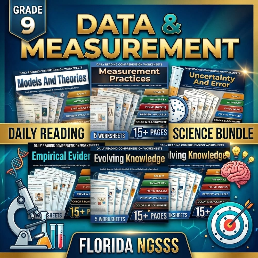 Grade 9 Data & Measurement Science Daily Reading lesson bundle | Florida NGSSS — bundle cover