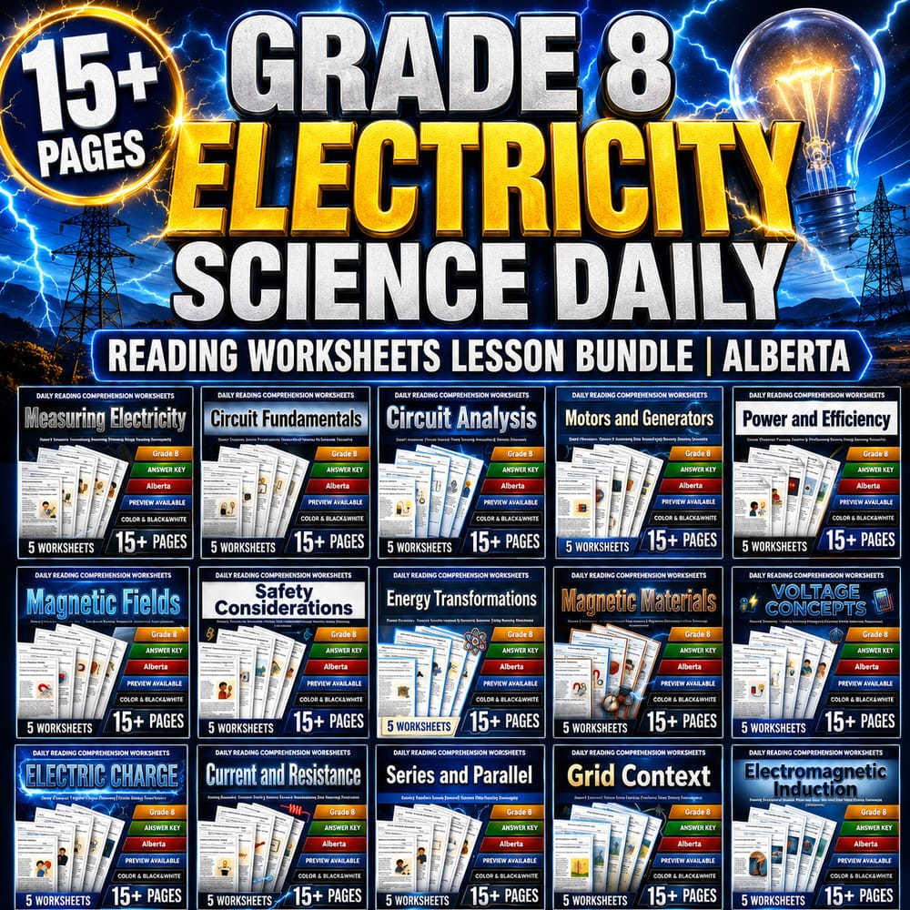 Grade 8 Electricity Science Daily Reading Worksheets Lesson Bundle | Alberta — bundle cover