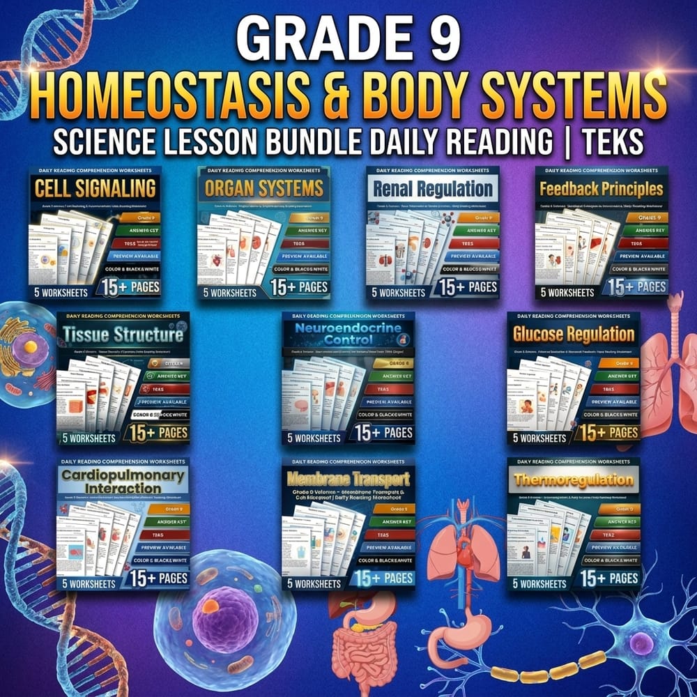 Grade 9 Homeostasis & Body Systems Science Lesson Bundle Daily Reading | TEKS — bundle cover