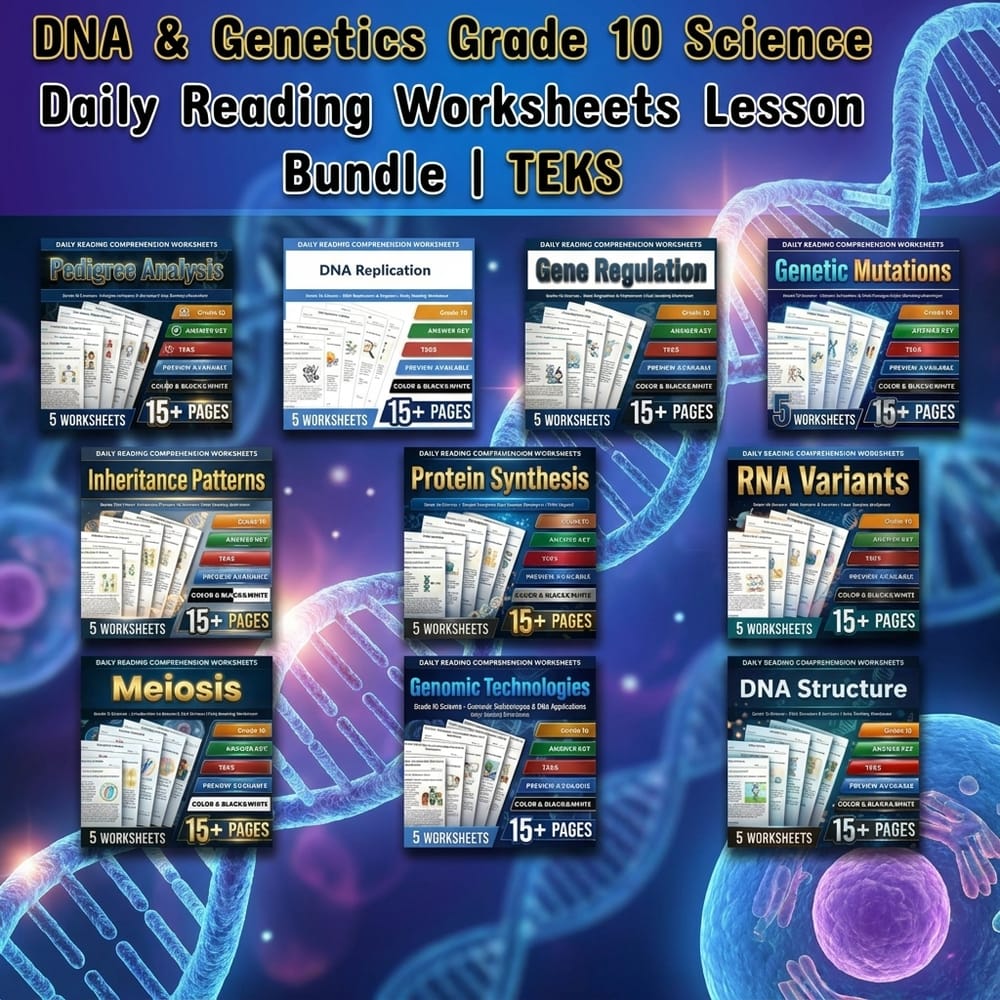 DNA & Genetics Grade 10 Science Daily Reading Worksheets Lesson Bundle | TEKS — bundle cover