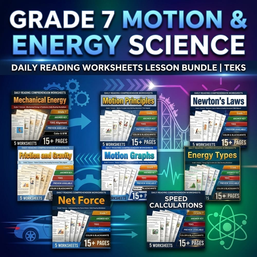 Grade 7 Motion & Energy Science Daily Reading Worksheets Lesson Bundle | TEKS — bundle cover
