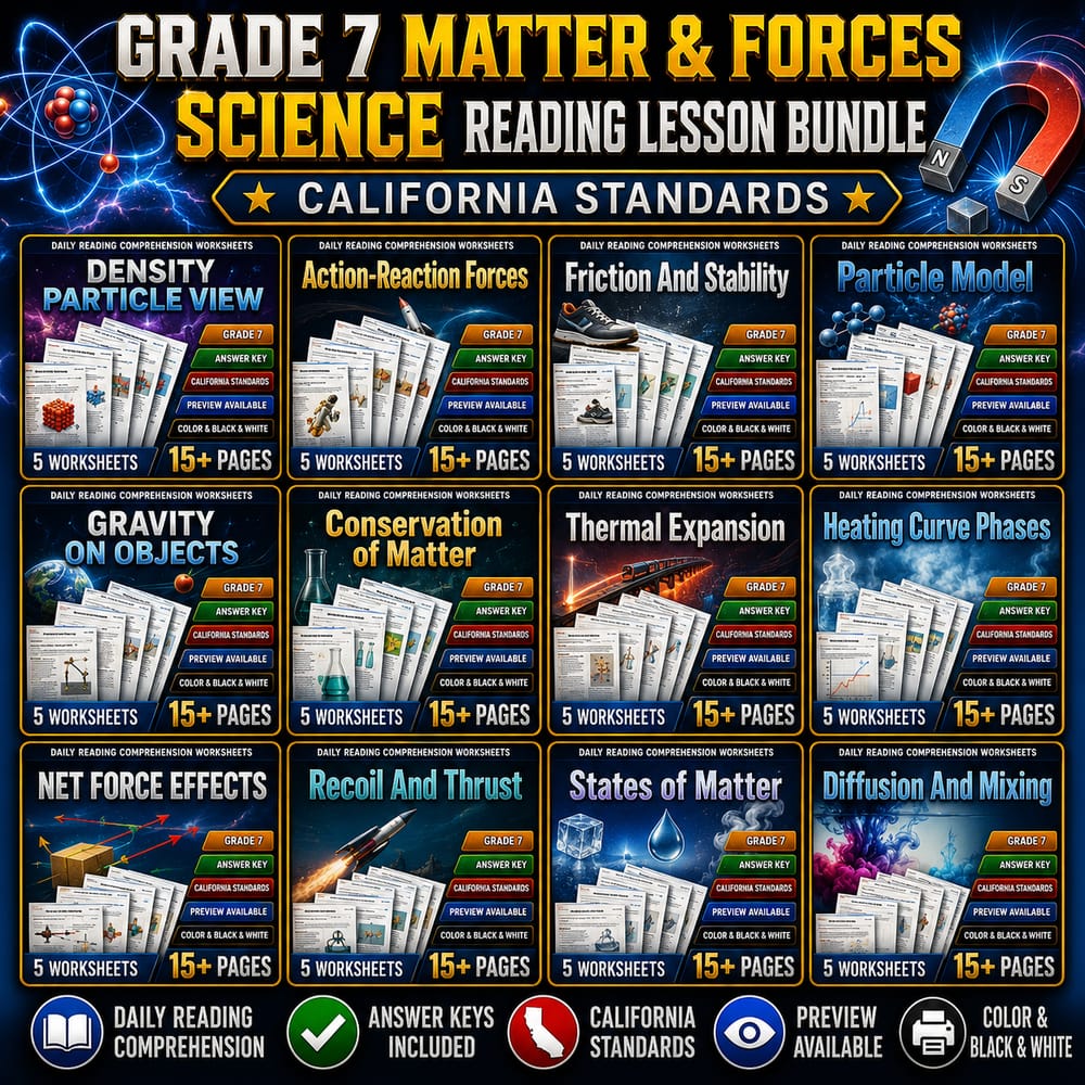 Grade 7 Matter & Forces Science Reading Lesson Bundle | California Standards — bundle cover