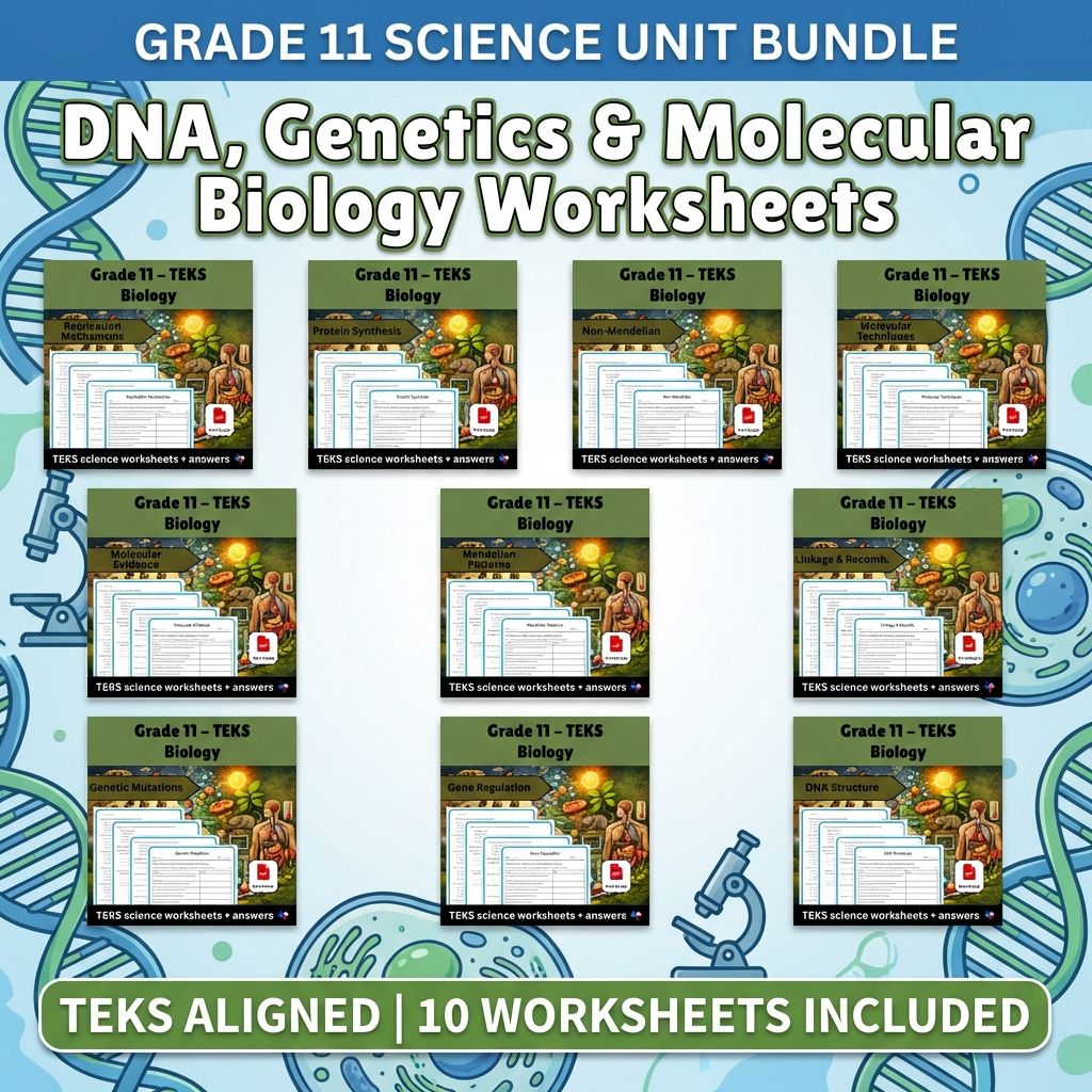 Grade 11 Science DNA & Genetics Unit Worksheet Pack+  Answer Key (TEKS-Aligned) — bundle cover