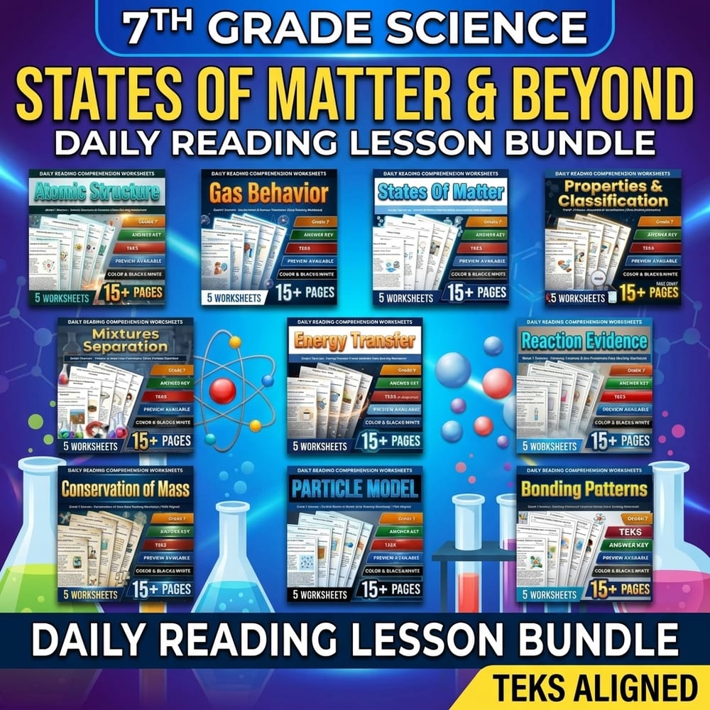 7th Grade States of Matter Science Daily Reading Lesson Bundle | TEKS — bundle cover