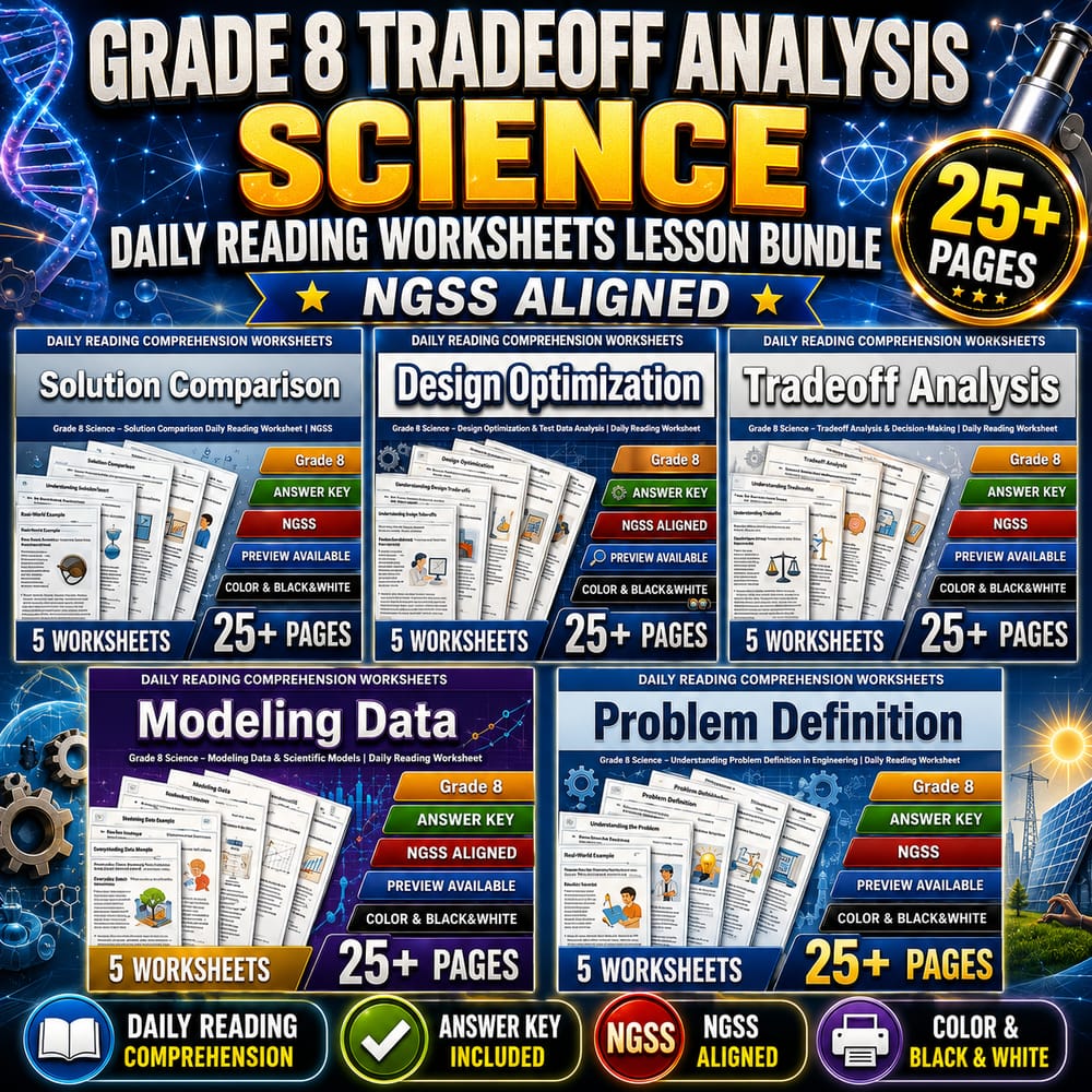 Grade 8 Tradeoff Analysis Science Daily Reading Worksheets Lesson Bundle | NGSS — bundle cover