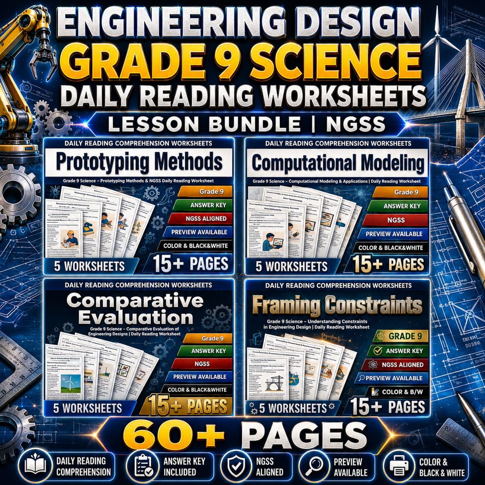 Engineering Design Grade 9 Science Daily Reading Worksheets Lesson Bundle | NGSS — bundle cover