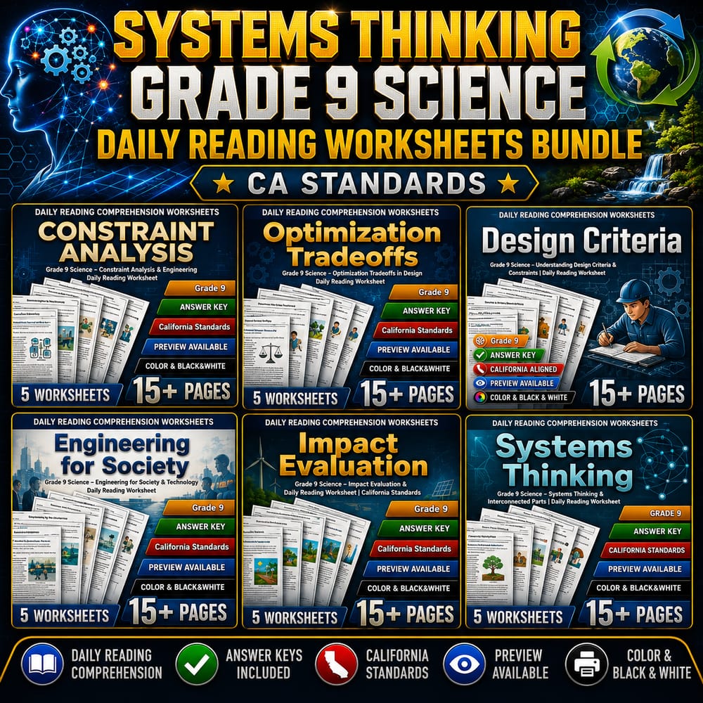 Systems Thinking Grade 9 Science Daily Reading Worksheets Bundle | CA Standards — bundle cover
