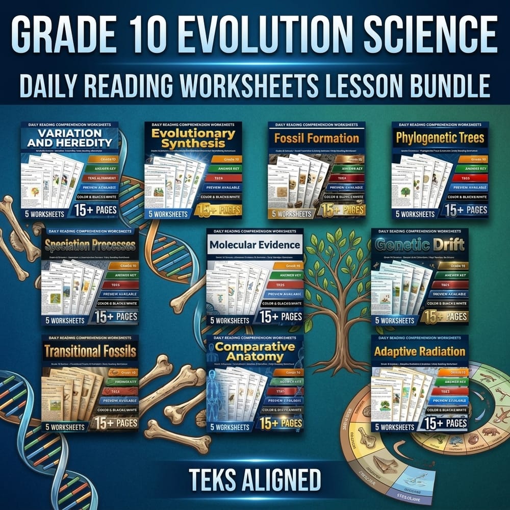 Grade 10 Evolution Science Daily Reading Worksheets Lesson Bundle | TEKS — bundle cover