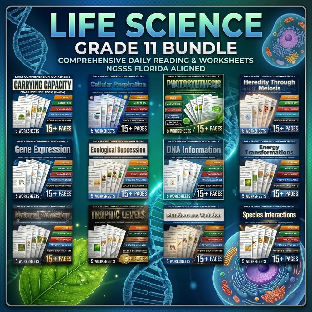 Life Science Grade 11 Science Reading Worksheets Lesson Bundle | Florida NGSSS — bundle cover