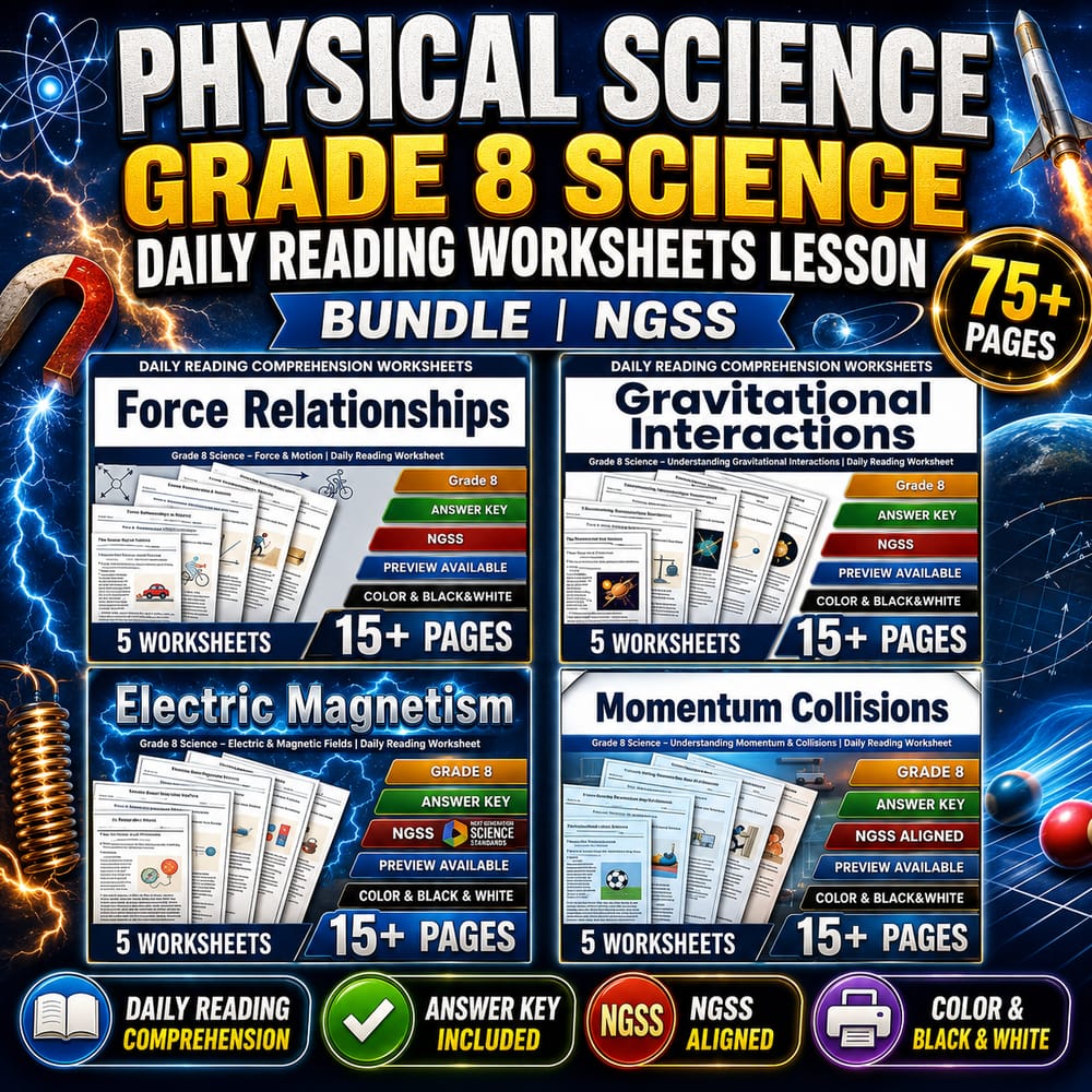 Physical Science Grade 8 Science Daily Reading Worksheets Lesson Bundle | NGSS — bundle cover