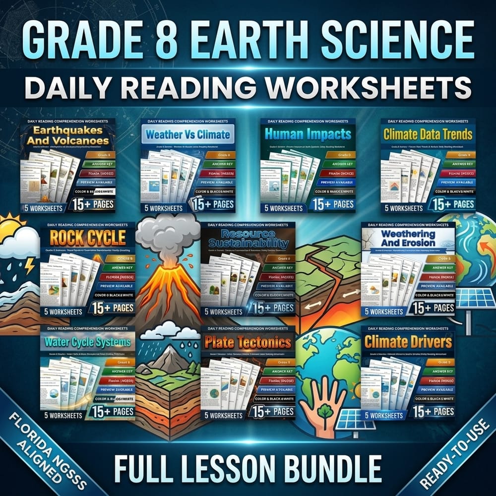 Grade 8 Earth Science Daily Reading Worksheets Lesson Bundle | Florida NGSSS — bundle cover