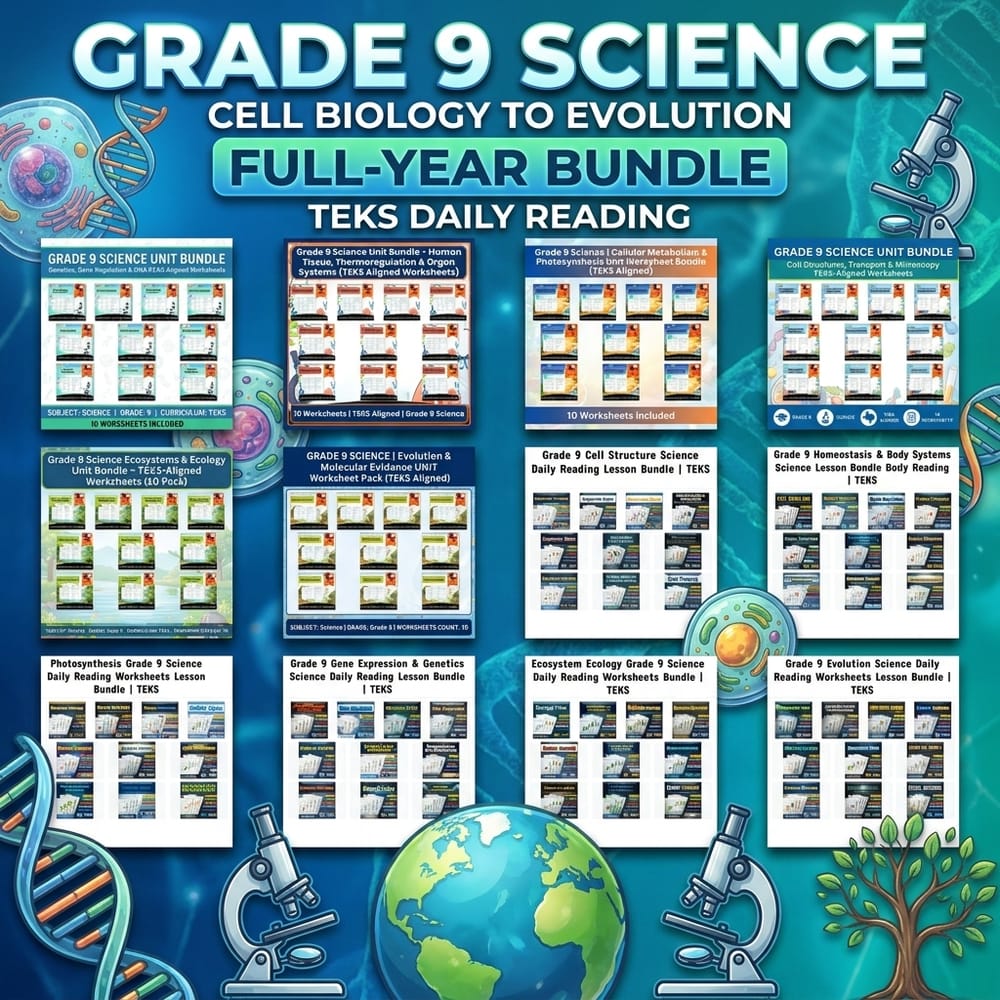 Grade 9 Cell Biology to Evolution Science Full-Year Bundle TEKS Daily Reading — bundle cover