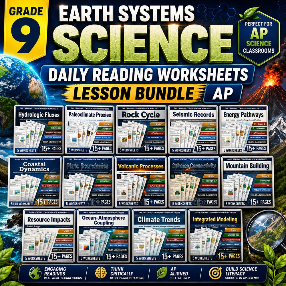 Grade 9 Earth Systems Science Daily Reading Worksheets Lesson Bundle | AP — bundle cover