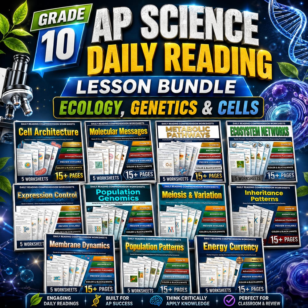 Grade 10 AP Science Daily Reading Lesson Bundle: Ecology, Genetics & Cells — bundle cover