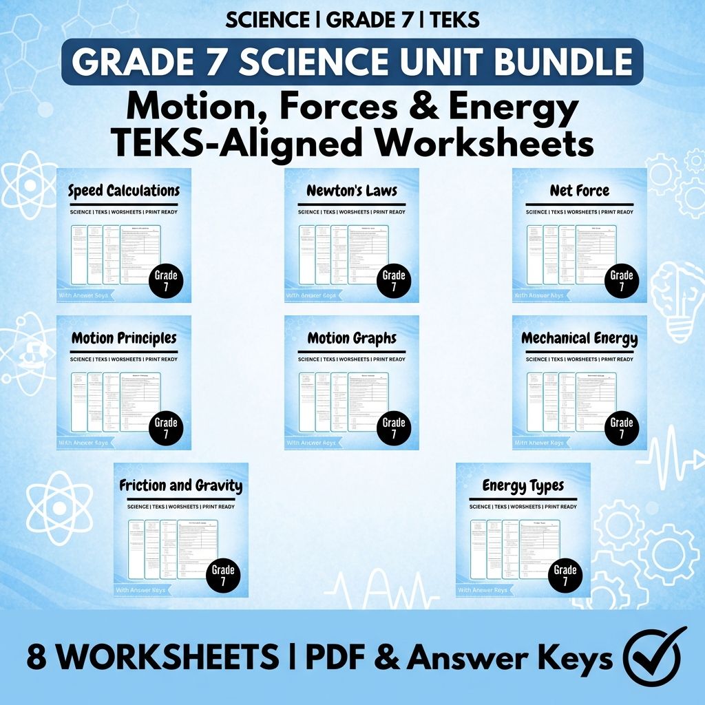 Grade 7 Science Unit Workbook | Motion, Forces & Energy TEKS-Aligned Worksheets — bundle cover