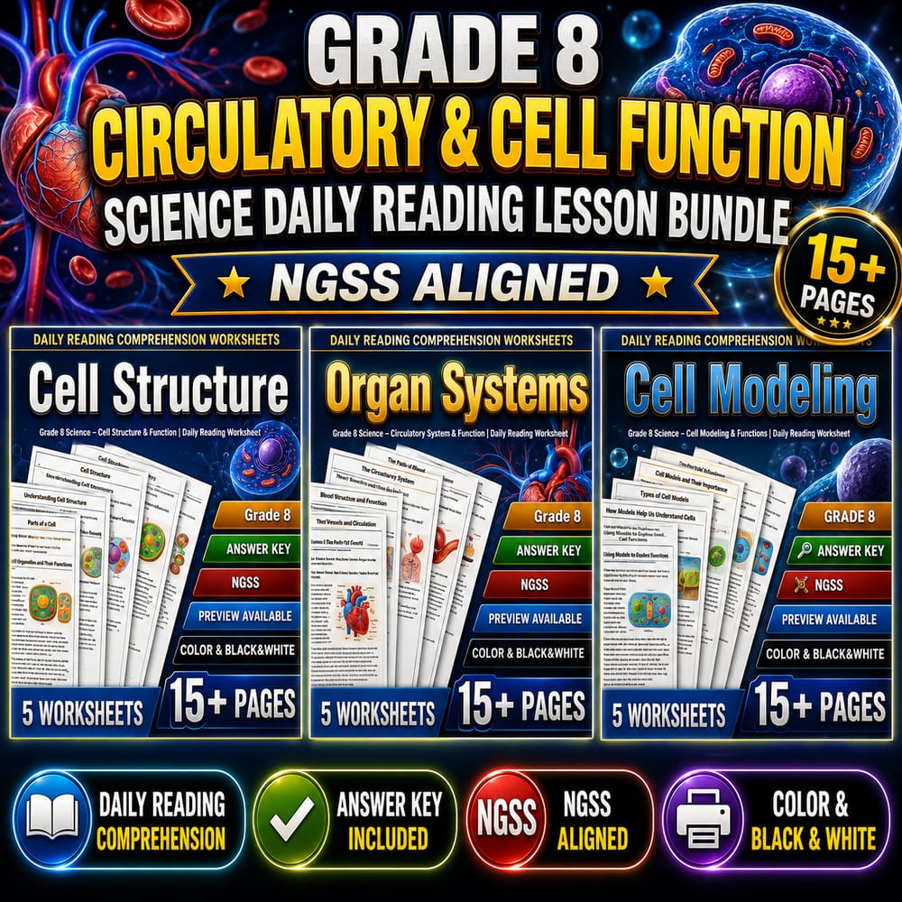 Grade 8 Circulatory & Cell Function Science Daily Reading Lesson Bundle | NGSS — bundle cover