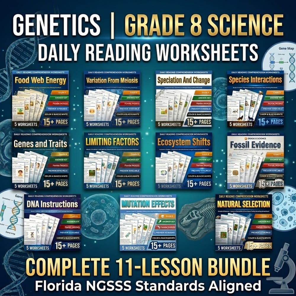 Genetics Grade 8 Science Daily Reading Worksheets lesson bundle | Florida NGSSS — bundle cover