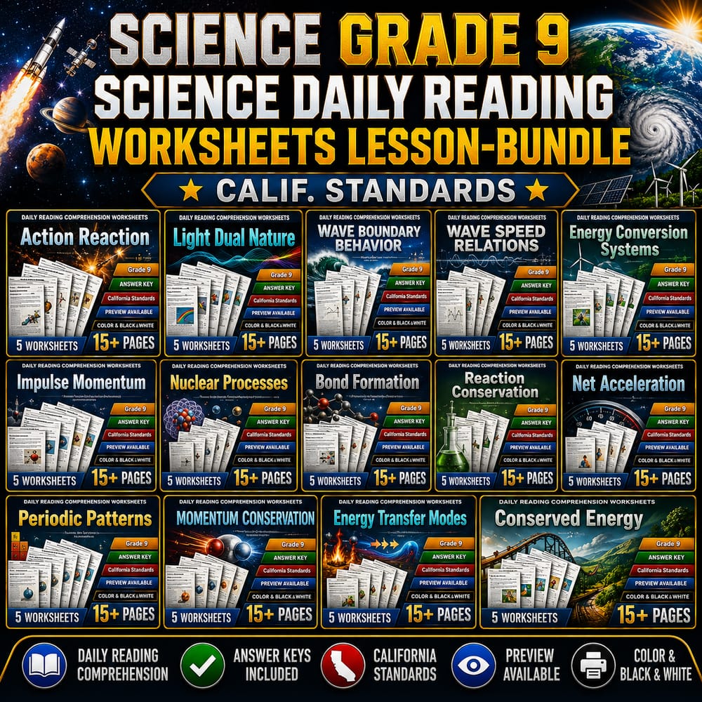 Science Grade 9 Science Daily Reading Worksheets lesson-bundle | Calif. Stds — bundle cover