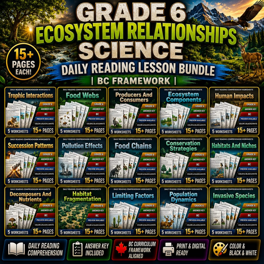 Grade 6 Ecosystem Relationships Science Daily Reading Lesson Bundle | BC — bundle cover