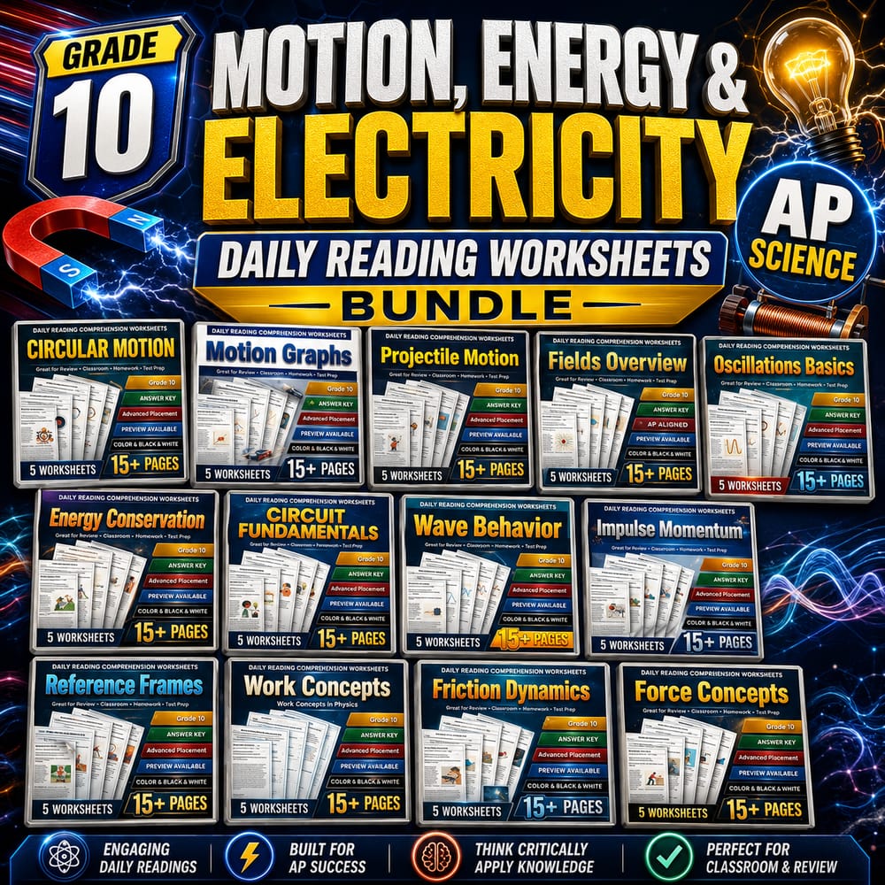 Motion, Energy & Electricity Grade 10 Science Reading Worksheets Bundle | AP — bundle cover