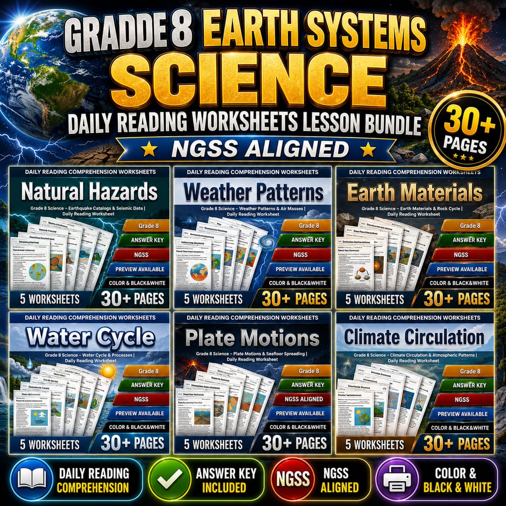 Grade 8 Earth Systems Science Daily Reading Worksheets Lesson Bundle | NGSS — bundle cover