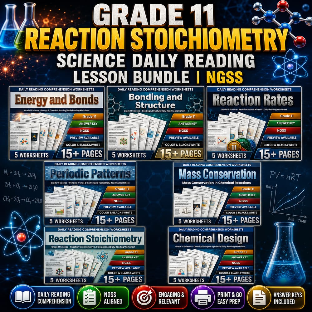 Grade 11 Reaction Stoichiometry Science Daily Reading Lesson Bundle | NGSS — bundle cover