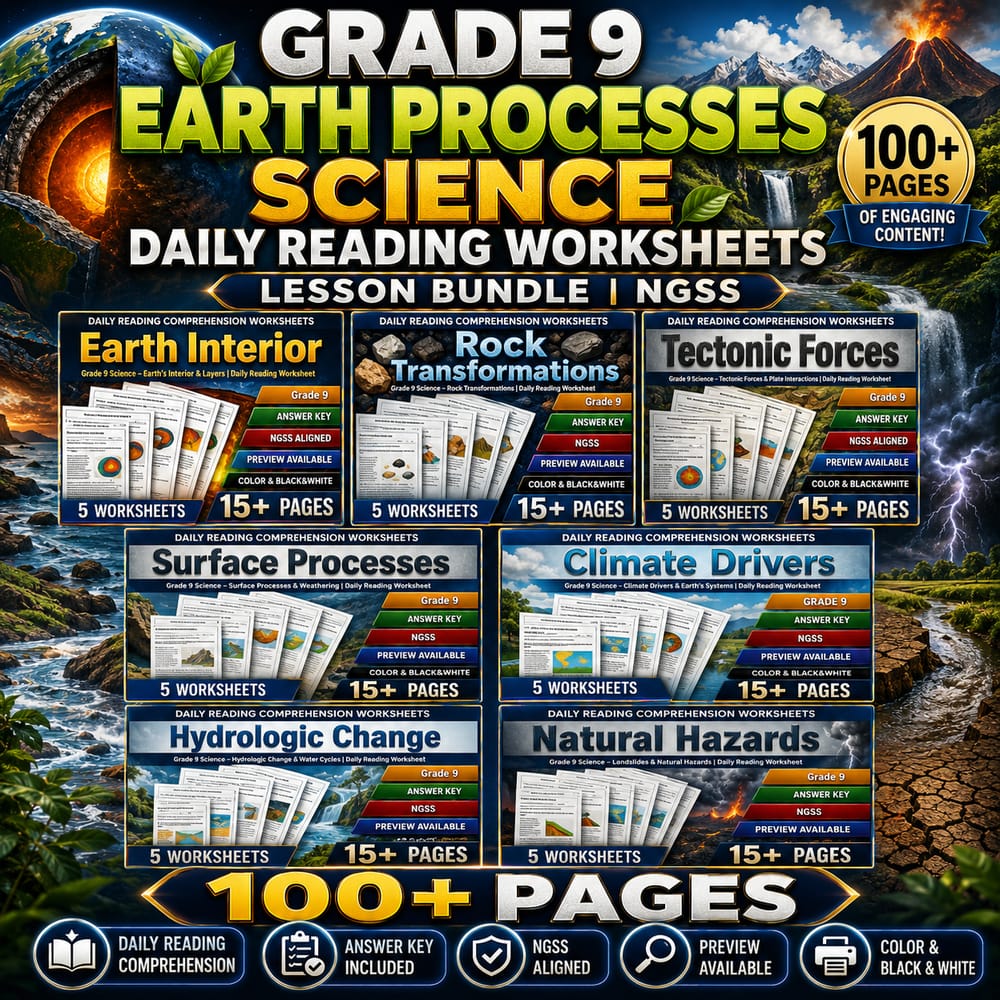 Grade 9 Earth Processes Science Daily Reading Worksheets lesson bundle | NGSS — bundle cover