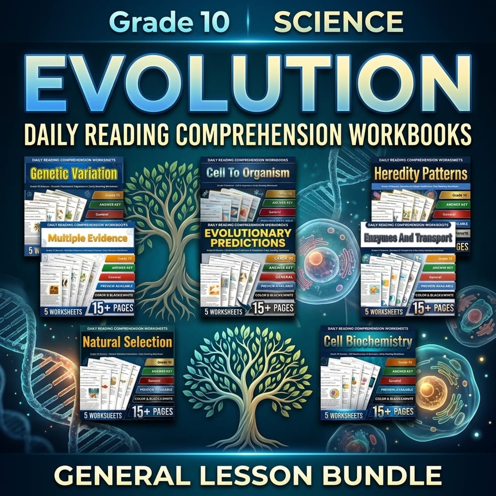 Evolution Grade 10 Science Daily Reading Worksheets Lesson Bundle | General — bundle cover