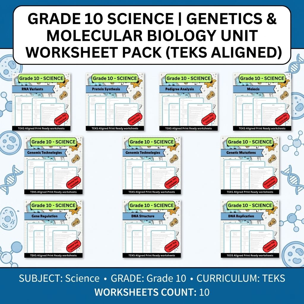 Grade 10 Science | Genetics & DNA Unit Worksheet Pack (TEKS Aligned) — bundle cover