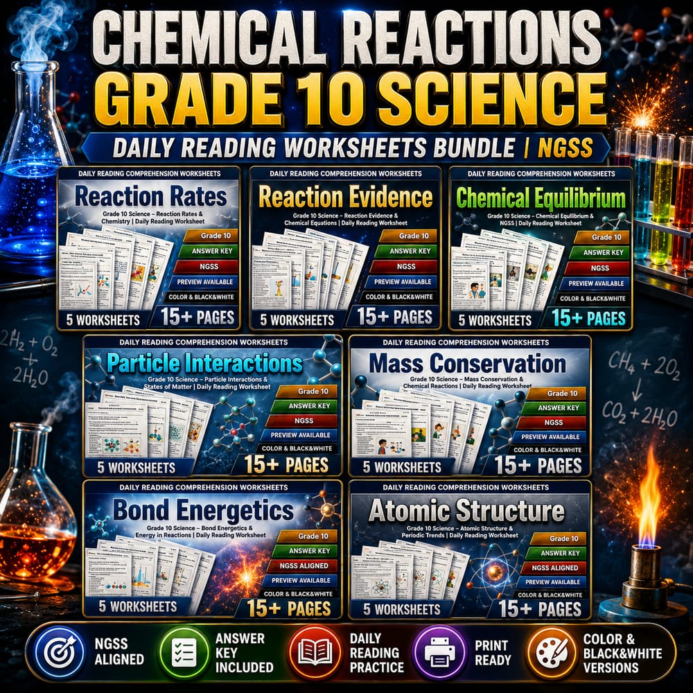 Chemical Reactions Grade 10 Science Daily Reading Worksheets Bundle | NGSS — bundle cover