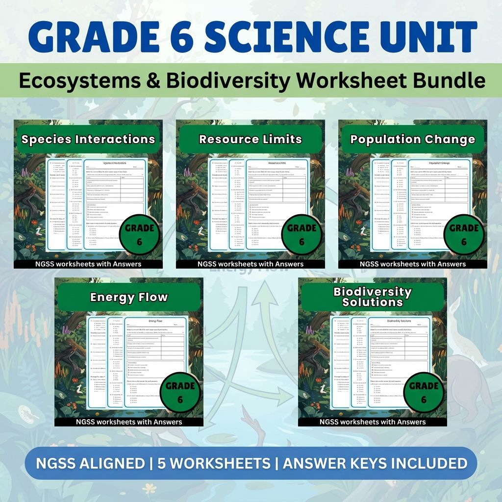 Grade 6 Science Unit Bundle | Ecosystems & Biodiversity NGSS Worksheets (PDF) — bundle cover