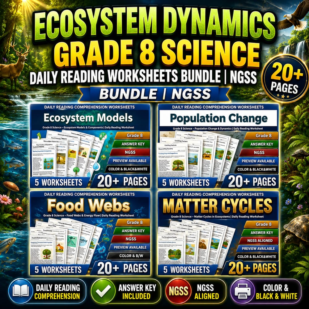 Ecosystem Dynamics Grade 8 Science Daily Reading Worksheets Bundle | NGSS — bundle cover