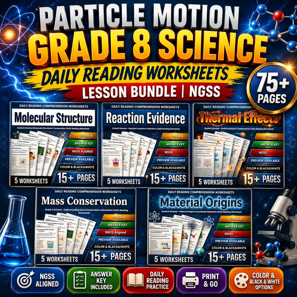 Particle Motion Grade 8 Science Daily Reading Worksheets Lesson Bundle | NGSS — bundle cover