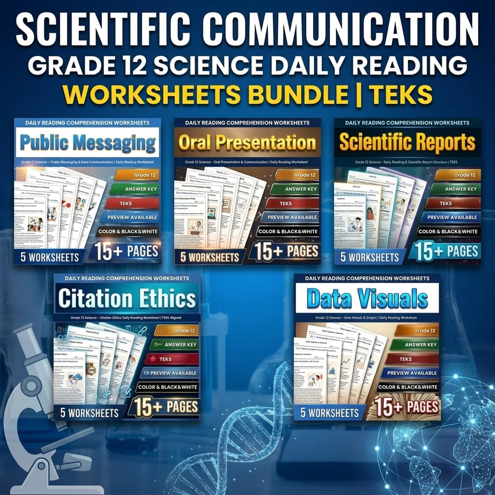Scientific Communication Grade 12 Science Daily Reading Worksheets Bundle | TEKS — bundle cover