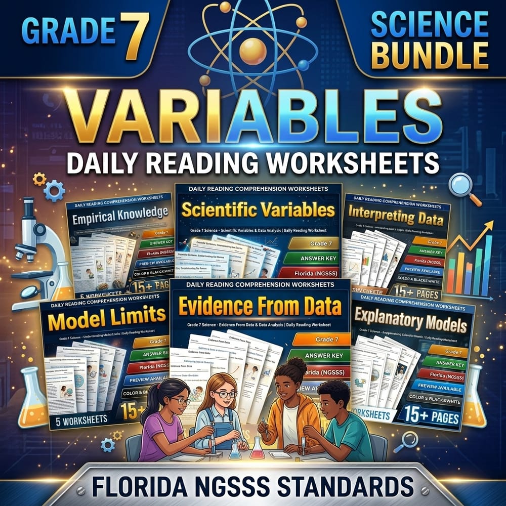 Grade 7 Variables Science lesson-bundle daily reading worksheets | Florida NGSSS — bundle cover