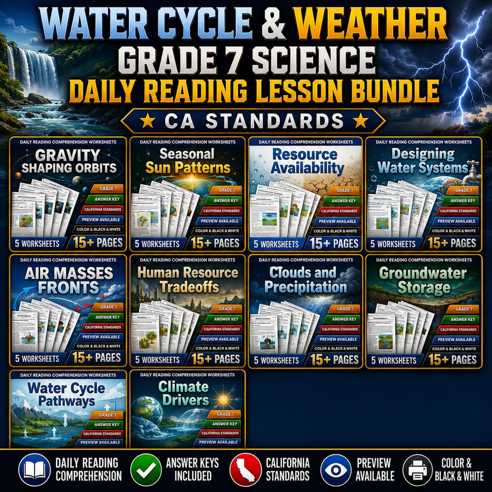 Water Cycle & Weather Grade 7 Science Daily Reading Lesson Bundle | CA Standards — bundle cover