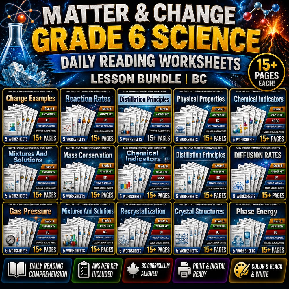 Matter & Change Grade 6 Science Daily Reading Worksheets Lesson Bundle | BC — bundle cover