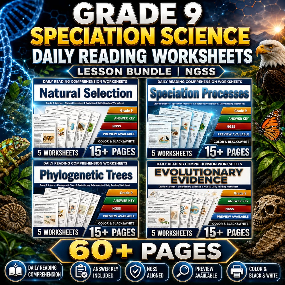 Grade 9 Speciation Science Daily Reading Worksheets Lesson Bundle | NGSS — bundle cover