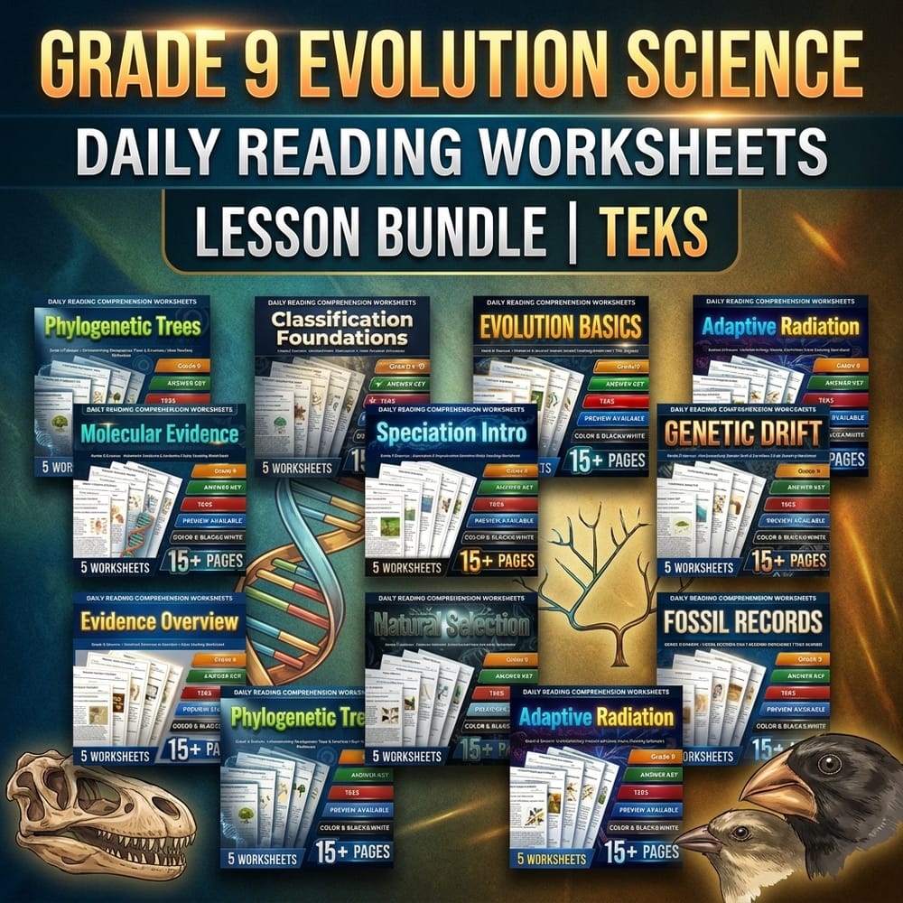 Grade 9 Evolution Science Daily Reading Worksheets Lesson Bundle | TEKS — bundle cover