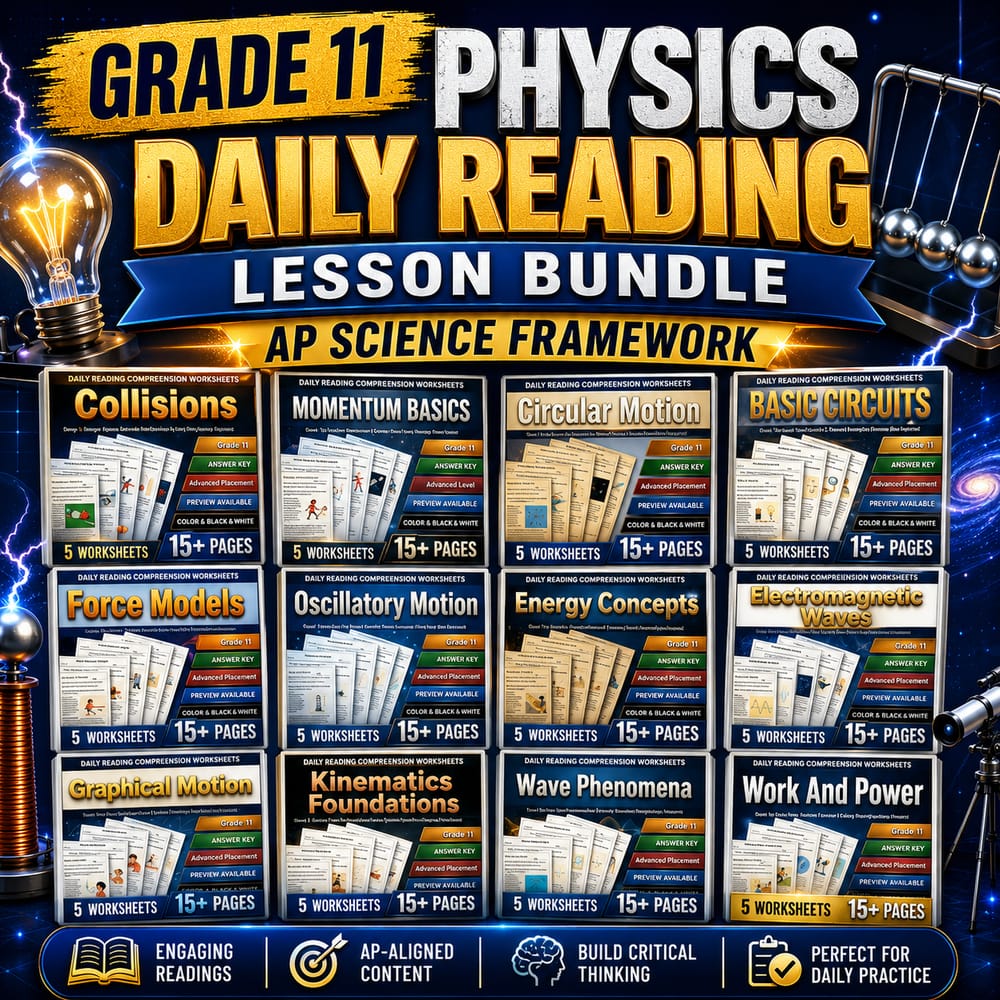 Grade 11 Physics Daily Reading Lesson Bundle | AP Science Framework — bundle cover