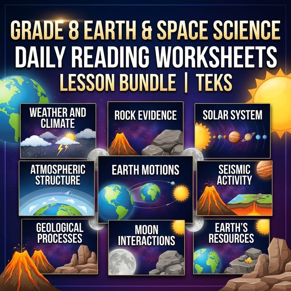 Grade 8 Earth & Space Science Daily Reading Worksheets Lesson Bundle | TEKS — bundle cover