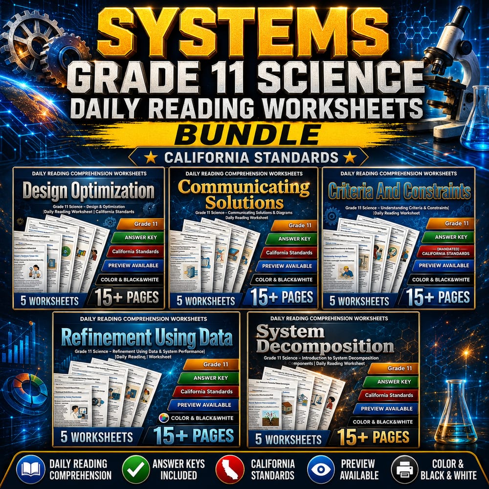Systems Grade 11 Science Daily Reading Worksheets Bundle | California Standards — bundle cover