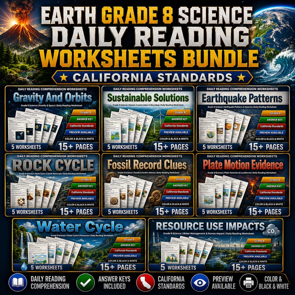 Earth Grade 8 Science Daily Reading Worksheets Bundle | California Standards — bundle cover